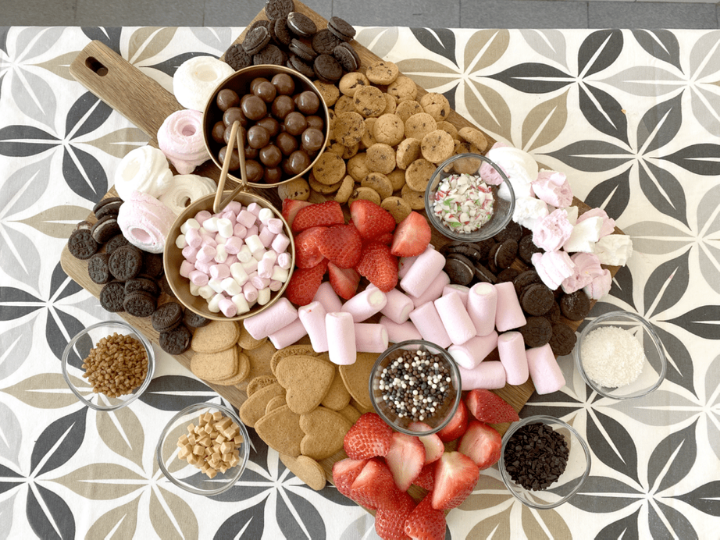 Beautiful Hot Chocolate Charcuterie Board with marshmallows and cookies