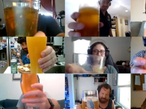 online cheers with beer and colleagues